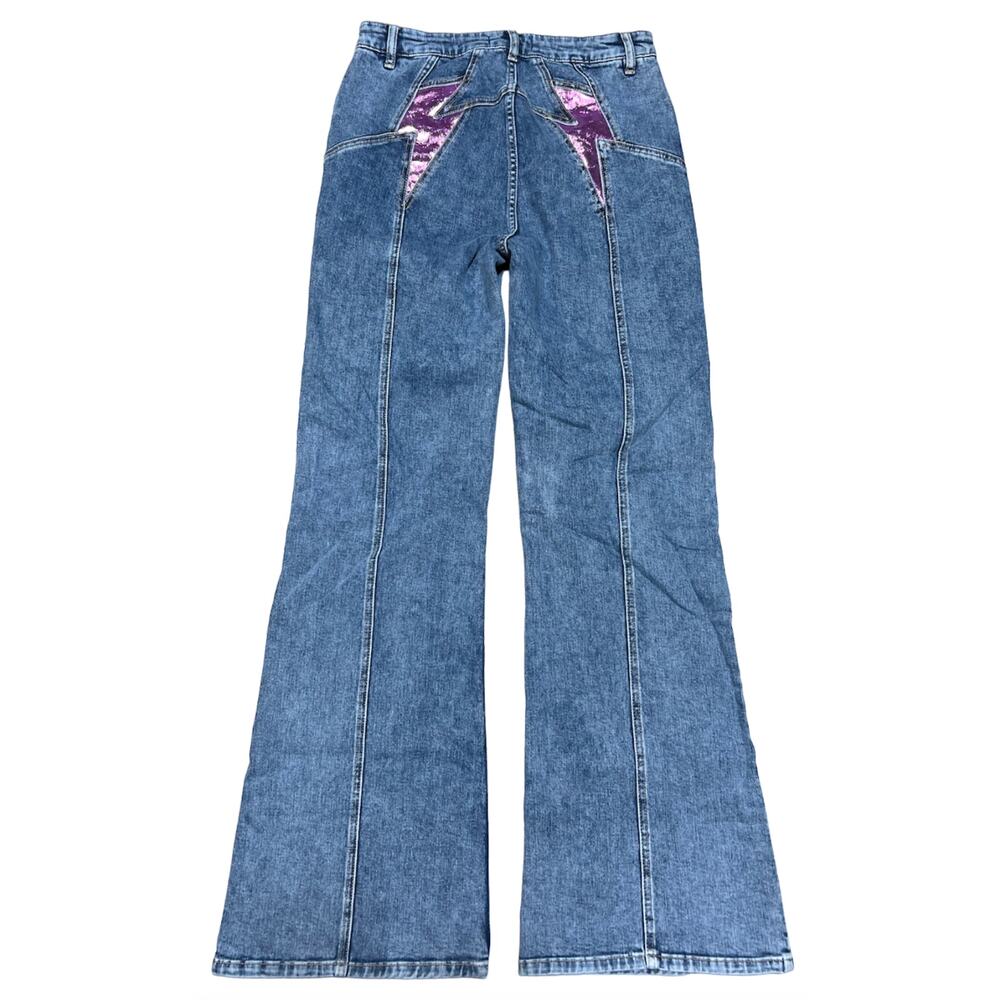 NEW FREE PEOPLE THUNDERBIRD FIRECRACKER METALLIC PURPLE PINK FLARE JEANS SIZE 31